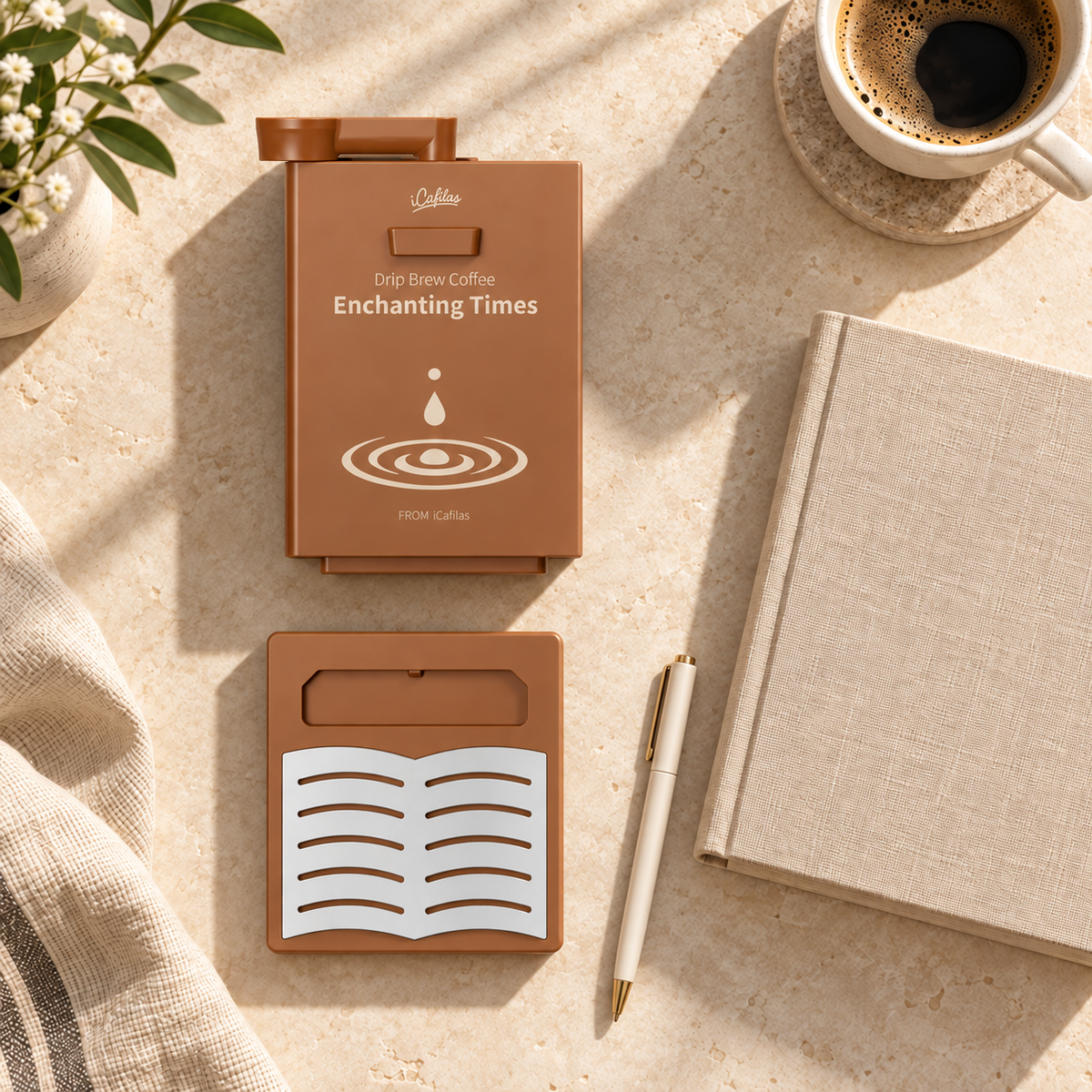 Brown Chapter coffee maker in its compact form, with removable tray