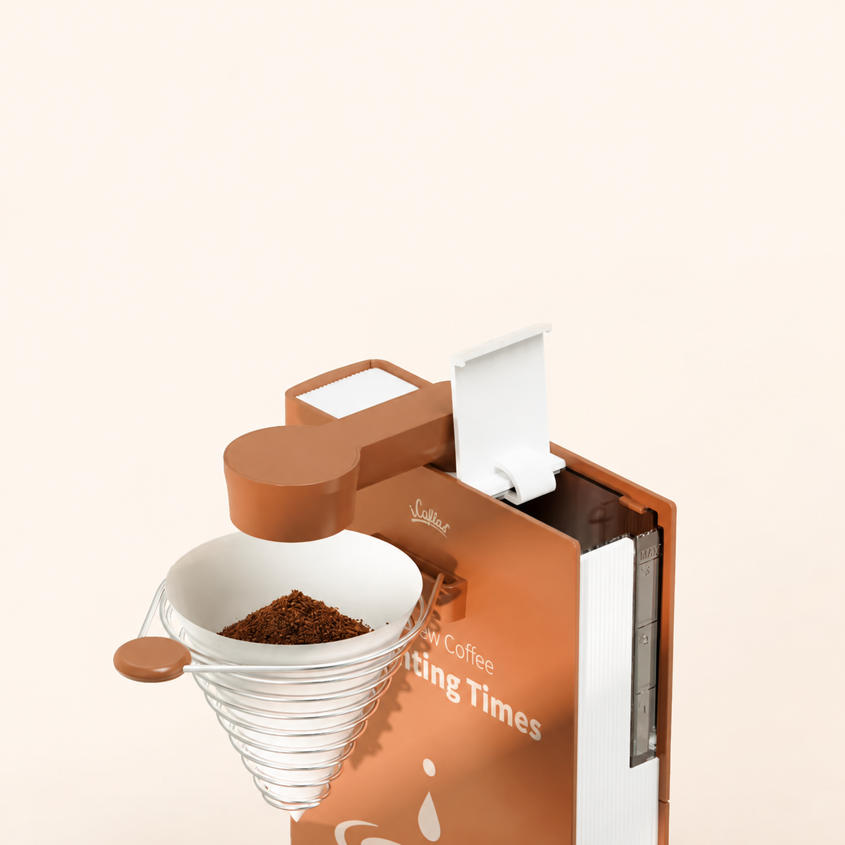 Brown brewer with ground coffee in a paper filter