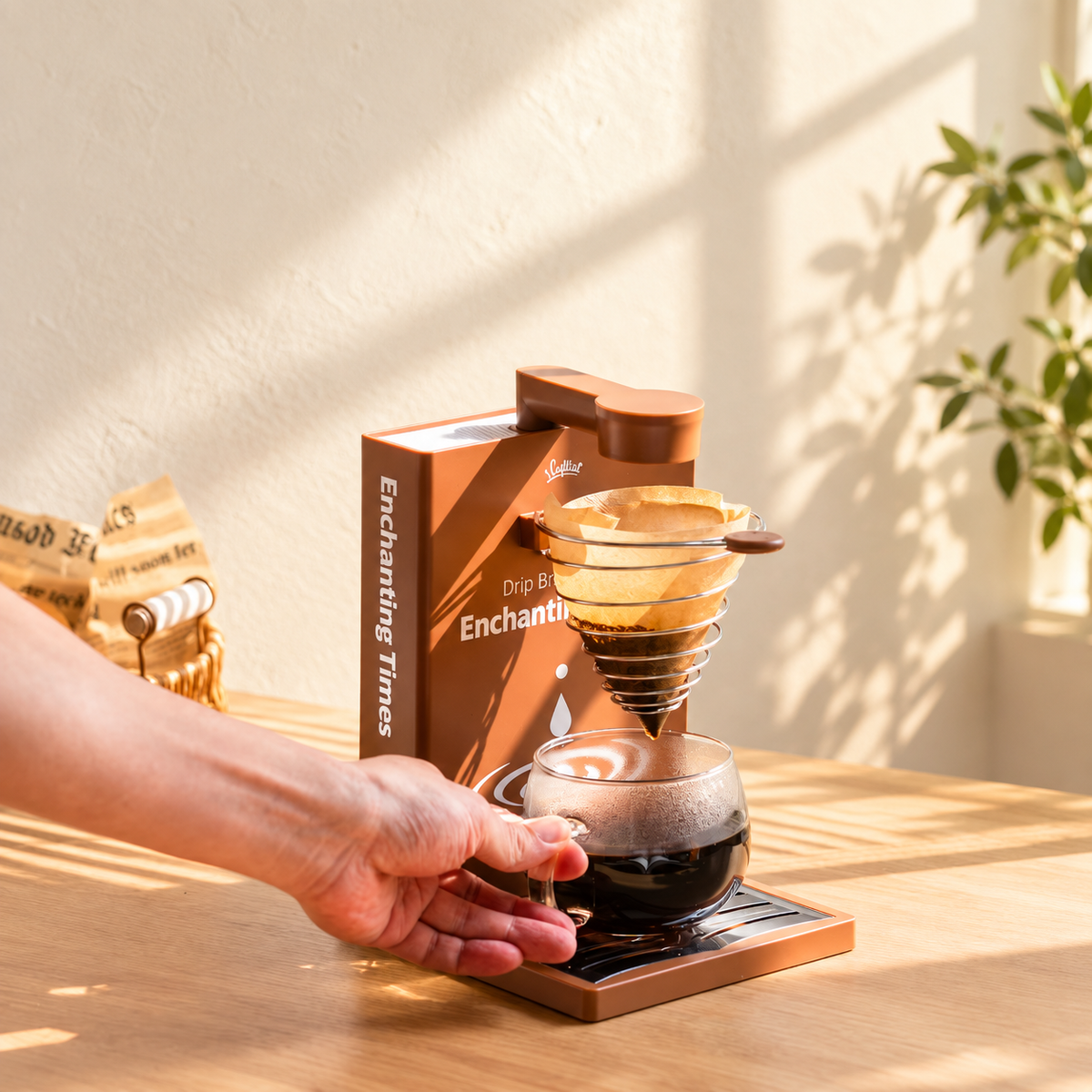Customised Brown Chapter coffee maker lifestyle scene based on the supplier photograph; cup and props are not included.