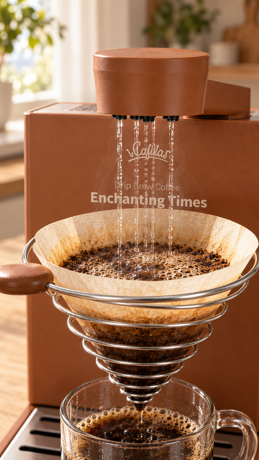 Water flowing from the brown brewer into the coffee filter