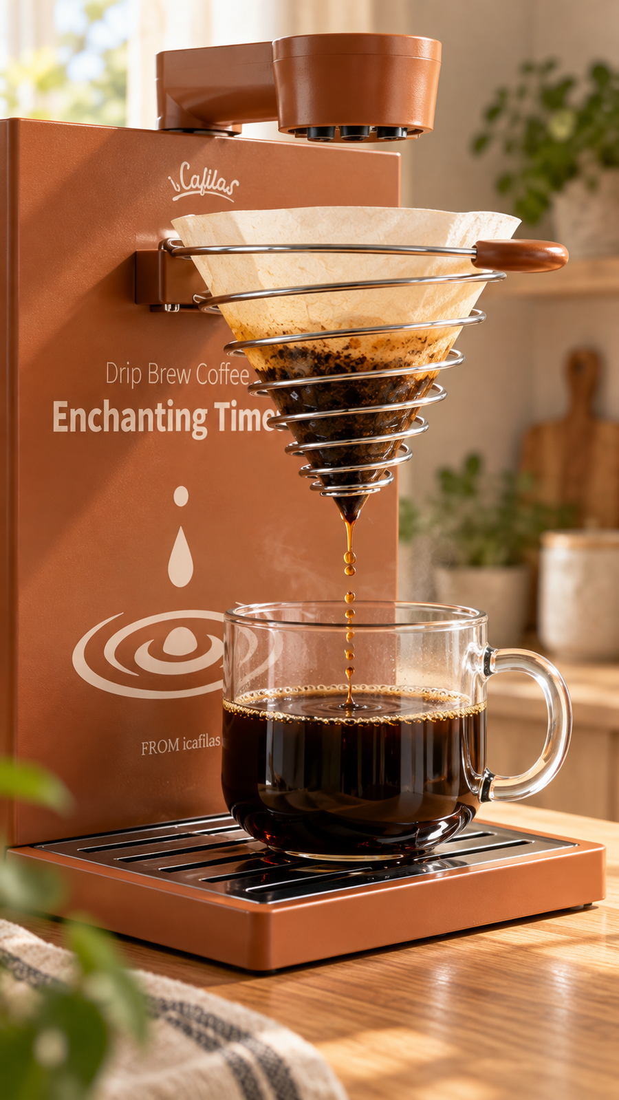 Filter coffee dripping into a glass cup