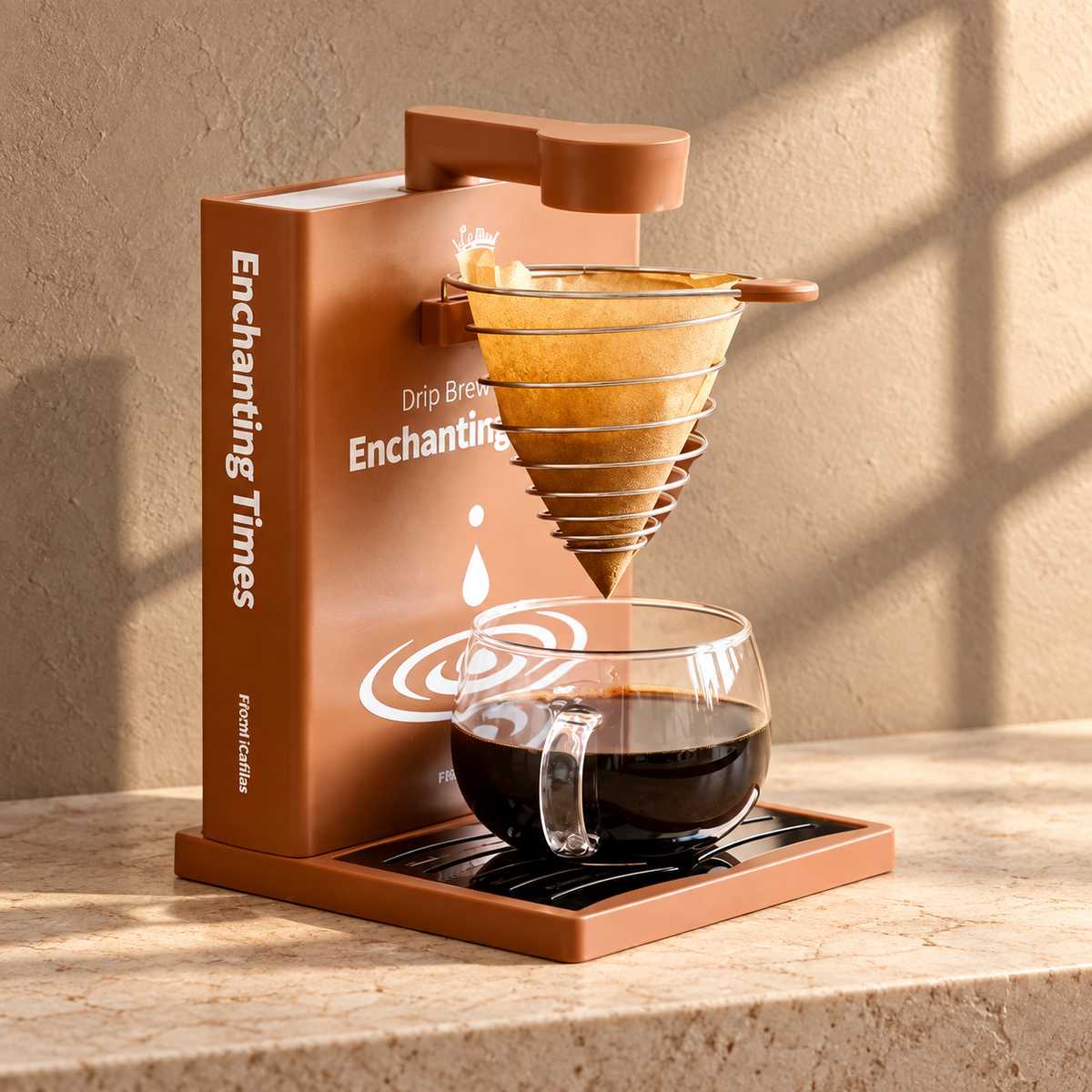 Chapter coffee maker in Brown with a cup of filter coffee